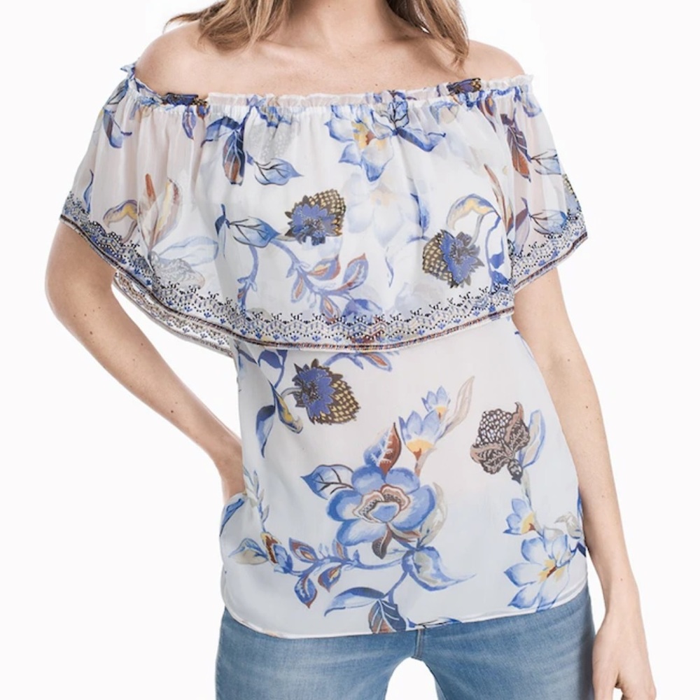 NWT White House Black Market Printed Embroidered Off Shoulder Top